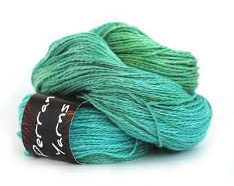Light worsted DK yarn, hand dyed double knitting baby alpaca linen silk blend crochet yarn skein, Perran Yarns Woodland Glade blue green uk