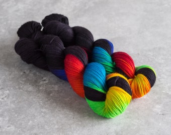 Rainbow Riot Black-Hand Painted Merino/Nylon Yarn 1 skein 100g