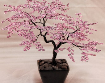 Pink Beaded Bonsai Wire Tree Sculpture