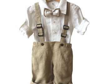 Ring bearer linen outfit, Boys linen suit white beige, Boys baptism suit, christening set, festive set, Boy Blessing Outfit, linen shirt