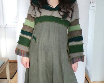 Pixie hood. Elven dress. Upcycled sweaters. Lagenlook clothing. Hippy clothing. Boho clothing. Lagenlook dress. Pixie hooded dress.