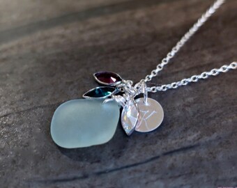 Birthstone Sea Glass Necklace, Beach Glass Initial Charm Necklace, Gifts for Women, Birthstone Charm Necklace, Silver