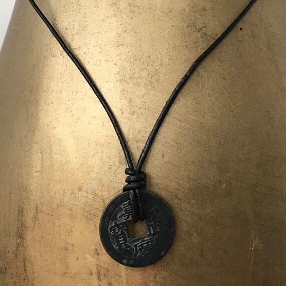 mens long necklace ancient Chinese coin pendant leather