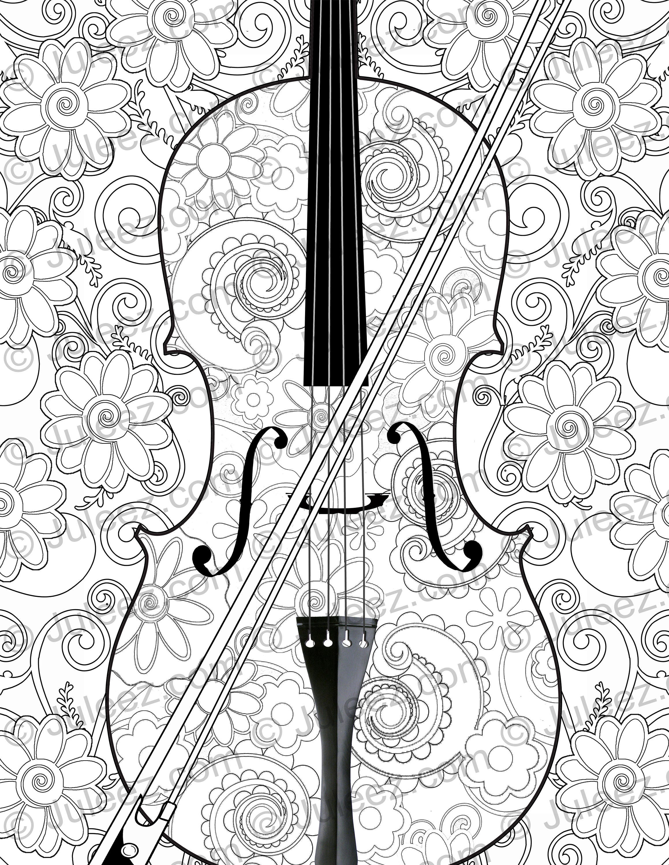 NEW Violin Flowers Printable Coloring Poster Adult Coloring Page Violin Coloring Poster Line