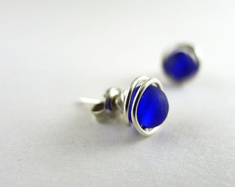 Sea glass stud earrings sterling silver earrings post earrings cobalt blue sea glass jewelry bridesmaids gifts jewelry seaglass wire wrapped