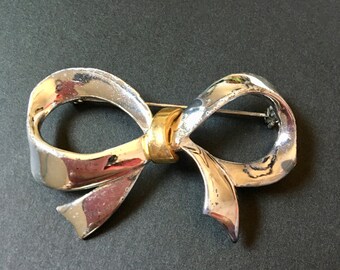 Vintage 1980s Silver and Gold Bow Brooch Pin