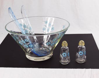 Glass Salad Bowl with Matching Salt and Pepper and Tongs - Blue Cornflowers