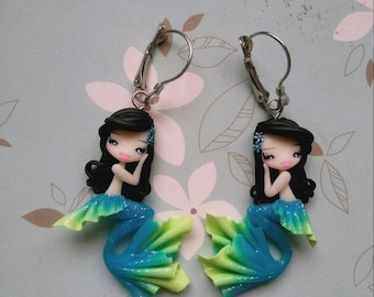 Earrings mermaid in fimo, polymer clay