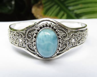 Sterling Silver 16x12 Natural Carribean Larimar, Bali Cuff Bangle SBB-537-DG