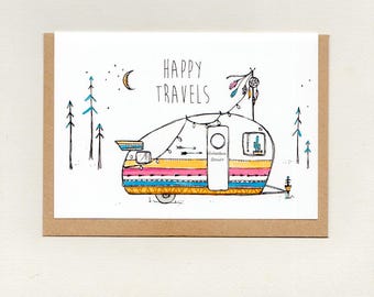 HAPPY TRAVELS . mini print . art card . greeting card . holidays bon voyage goodbye farewell . vintage caravan camper trailer . australia