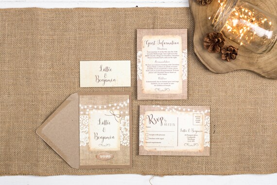 Rustic Wedding Invitation Set - A6 Burlap And Lace