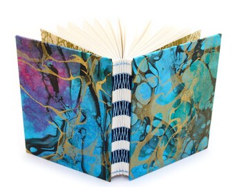 Marbled Journal gold/blue/magenta/green - French Link - 144 unlined pages - Handmade by Ruth Bleakley - each book has unique cover pattern