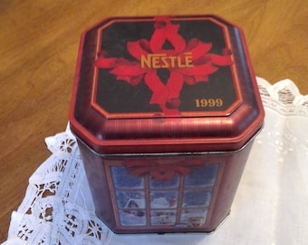Vintage Nestle Chocolate Christmas Tin, 1999, Scenes from a Window, brown, cookie tin, holiday tin, candy tin, octagonal, square, collectib