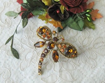Vintage Amber Rhinestone Dragonfly Brooch - Mint Condition