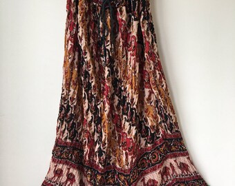 Crinkled boho skirt rayon gauze Camel paisley print ethnic floral Hippie skirt India gypsy bohemian festival drawstring waistband up to 38"
