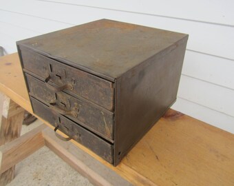 vintage industrial storage box,3 drawer metal box,art supply storage, craft supply box,small metal box with drawers,rustic metal storage box