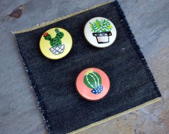 Hand-Painted Plants Wood Brooch Pin Trio Set