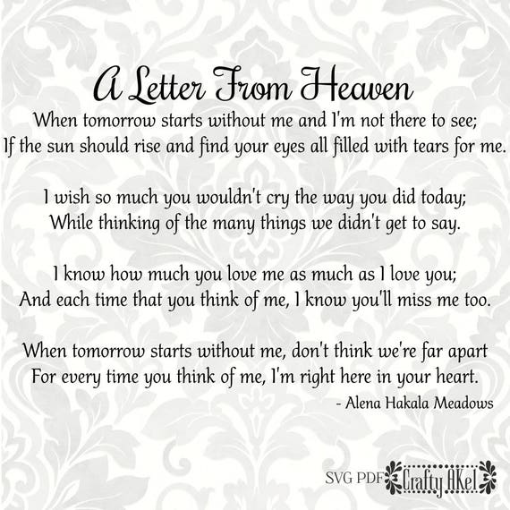 a letter from heaven poem bereavement mourning grief a letter from heaven poem