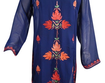 Indian Ethnic Tunic Dress Sheer Georgette Blue Floral Hand Embroidered Bikini Cover Up Summer Dresses S