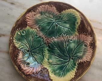 Antique Majolica Plate With Three Leaves
