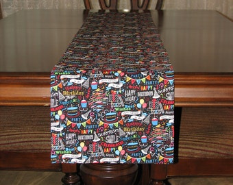 Party table runner, birthday decor, birthday table runner, party decor, happy birthday, long table runner, table overlay, short table runner