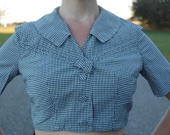 50s 60s bias cut jacket | Cropped blouse in checkered black & white gingham | Peter pan collar| Mad Men summer clothing | Women's Small