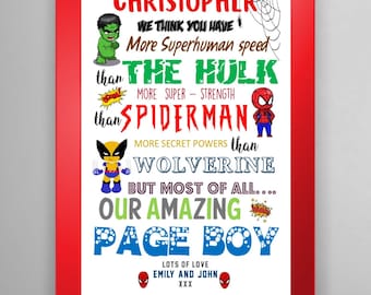 COMIC Superhero Page Boy - Best Man - Ringbearer - Usher Gift - Personalised - Page Boy Thank you Gift - Print only - FULLY CUSTOMISABLE