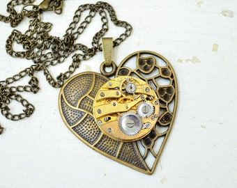 Steampunk Heart pendant, Industrial neclace, Clockwork neclace, Vintage Old gold pendant, Steampunk gift, Clockwork Love Gift for her