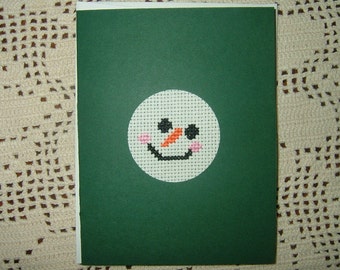 Completed/Finished Handmade Cross Stitched Card~Snowman Face