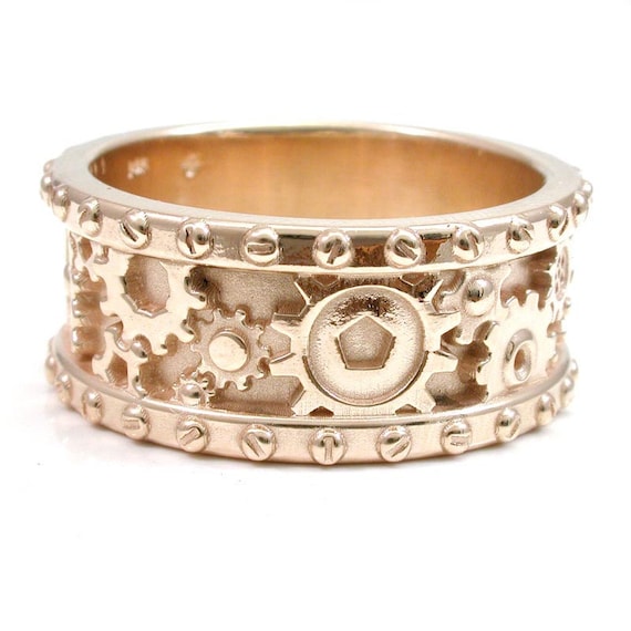 14k Yellow Gold Gear Ring - Steampunk Mens Rivet Ring