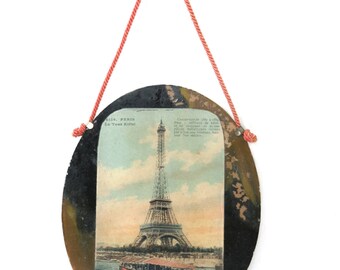 Paris Glass Wall Hanging, Eiffel Tower, French Antique Postcard