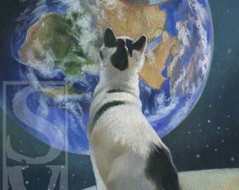 Cat on the Moon Original Oil Painting by Susan Van Sant 6x8 space cat ufo art