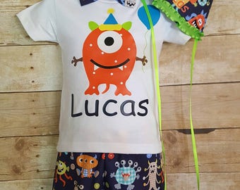 Boys cake smash outfit; Monster Cake Smash Outfit, Applique Shirt, First Birthday Cake Smash