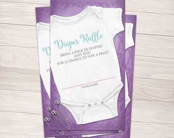 Bodysuit Diaper Raffle Cards Girl - Purple Infant Bodysuit with Safety Pins - Printed Cards
