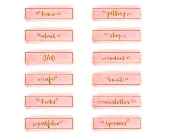 Pink Watercolor Blog Button Set, Website Buttons, Social Media Icons, Navigation Icon Set, Blog Sidebar Banners, Gold Foil Script Buttons