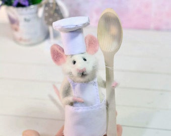 Needle wool White mouse Mouse kitchen Mouse and kitchen Cute mouse Chef mouse Spoon Cook mouse Gift the cook Mouse in apron Felted mice Mice