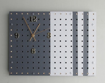 pegboard key holder /clock - charcoal/white– Vertical Time - quartz clock - home décor - wall art - functional artwork
