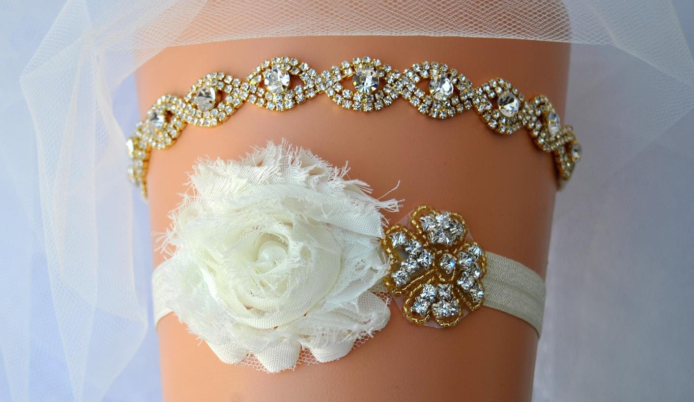 Gold Crystal Bridal Garter Set Wedding Garter Set Ivory