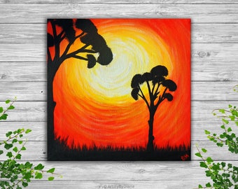 African Sunset Trees Small Painting Canvas Art Original Acrylic Painting on Small Canvas 20x20 cm (8"x8") Wall Art Gift Ideas Ready to Hang