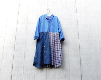 Blue Plaid Dress, Ladies Tunic, Upcycled Clothing, Cotton Dress, Blue Dress, Plus Size Dress, Floral, Tunic, Upcycled Dress, CreoleSha
