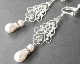 Silver Bridal Clip-on Earrings, Long Pearl Rhinestone Clipons, Silver Ear Clips, Filigree Teardrop Wedding Clip Earrings, Handmade, Alana