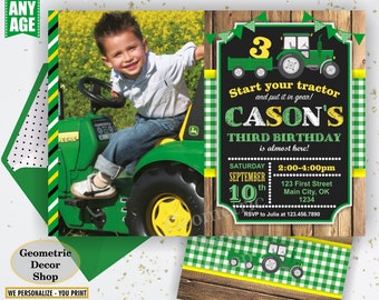 Tractor Birthday Invite, Tractor Invitation, Tractor Birthday Invitations, Yellow, Woodland Green Plaid Boy Girl Photo Photograph Farm BDT20