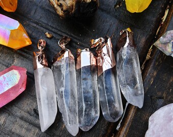 crystal quartz, quartz pendant, rose gold edged pendant, natural gemstones, boho pendant, long pendant, 35mm-55mm,