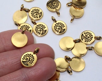 Gold Tree of Life Charms Or Small Pendants, 2+ TierraCast Antiqued & Plated, Lead Free Pewter, Small Bird On A Branch, Smooth Back
