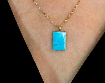 Battle Mountain Blue Gem Turquoise Pendant Surrounded with Solid 14k Gold High Grade Blue Turquoise Rectangle Drop Pendant Necklace 15 CT