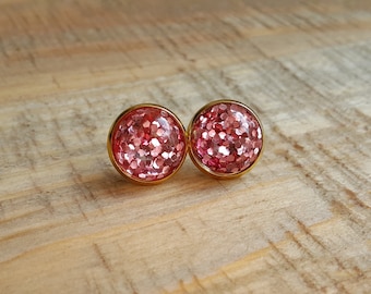 Pink Glitter Stud Earrings in Gold Setting