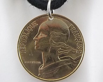 1983 French Coin Necklace, 20 Centimes, Mens Necklace, Womens Necklace, Coin Pendant, Leather Cord, Vintage
