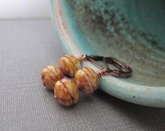 Mustard Glass, Glass Earrings, Terra Cotta, Copper Earrings, Concave Glass, Dangle Earrings, Czech Glass, Copper Jewelry