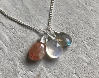 sunstone moonstone labradorite thin silver necklace