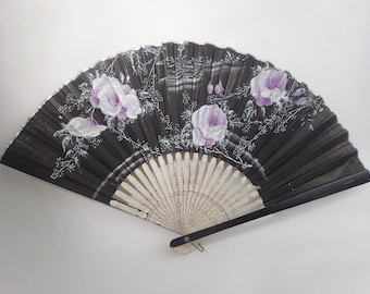 Vintage 1920's Oriental Paper Hand Fan Black Purple Flowers Roses Wedding Display Prop Reenactment